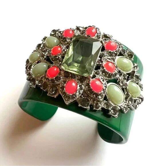 Black Acrylic/Metal Cuff Bracelet Encrusted with Colorful Rhinestones UNIQUE - Picture 1 of 2